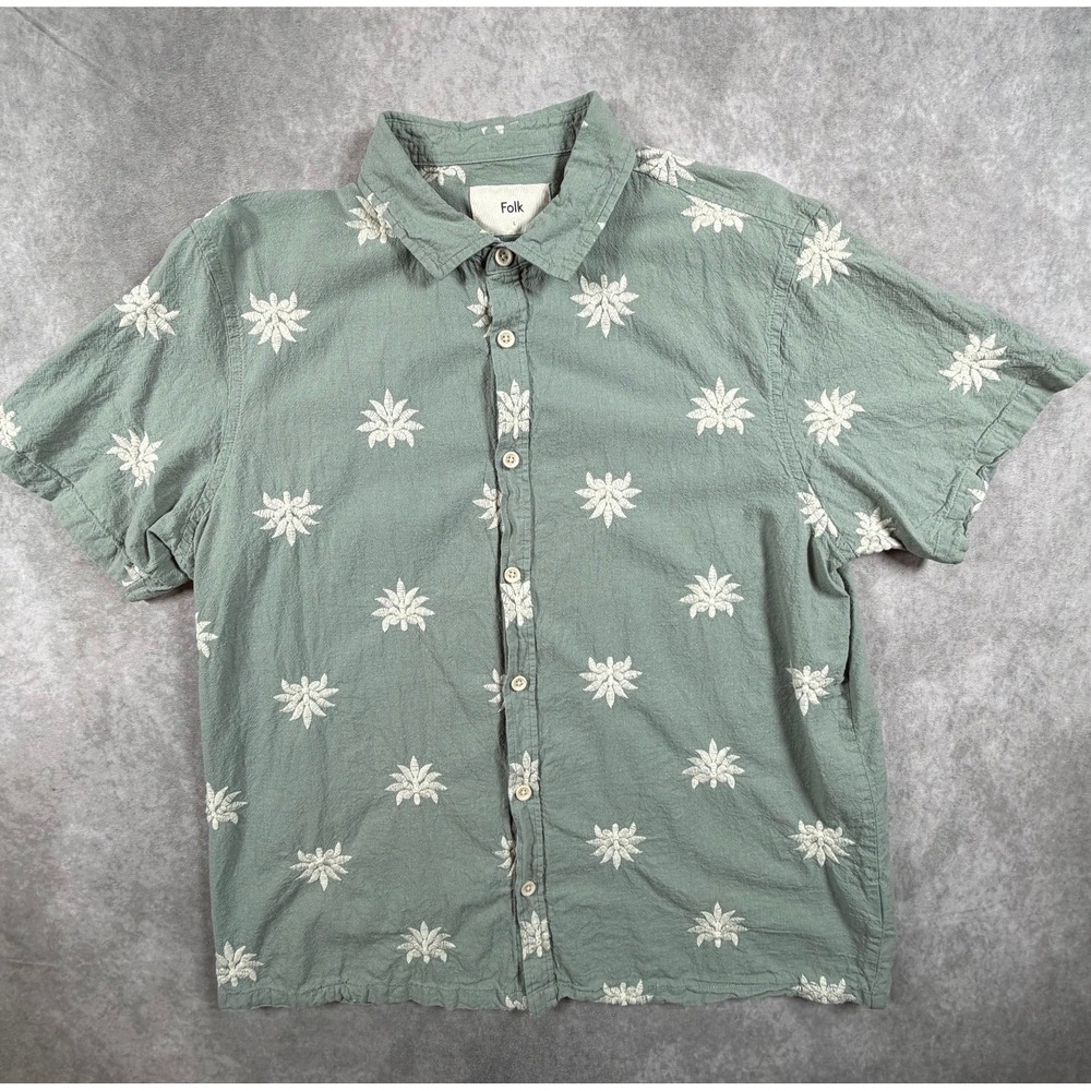 Folk Mens Large Linen Blend Button Up Shirt Sage Floral Embroidered Short Sleeve
